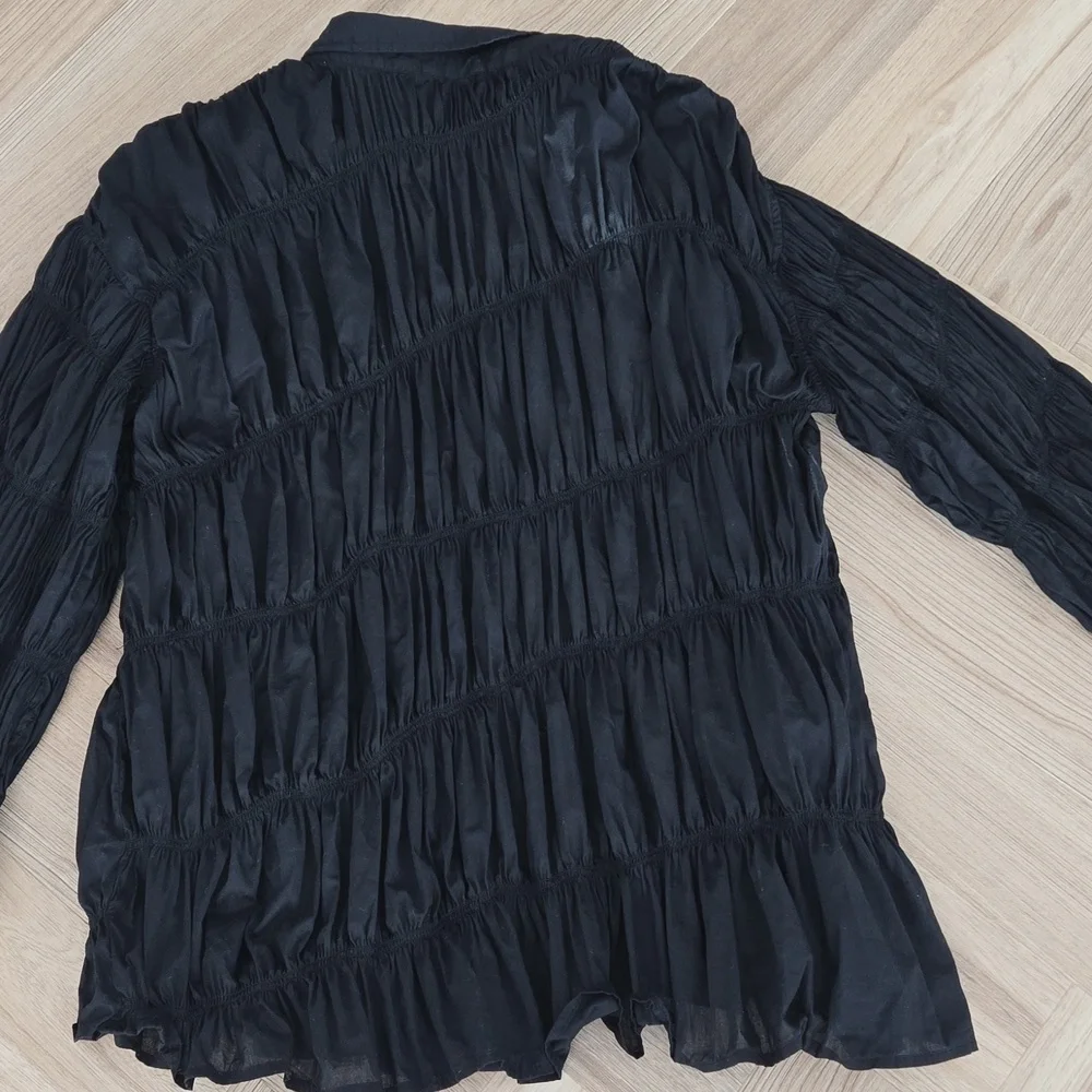 Zara Black Collared Rouched Oversized Shirt Small - Picture 6 of 7